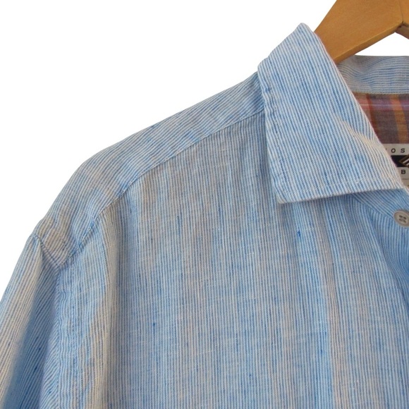 Joseph Abboud Mens Striped Linen Shirt XL Short Sleeves Light Blue Button Front - Picture 4 of 9